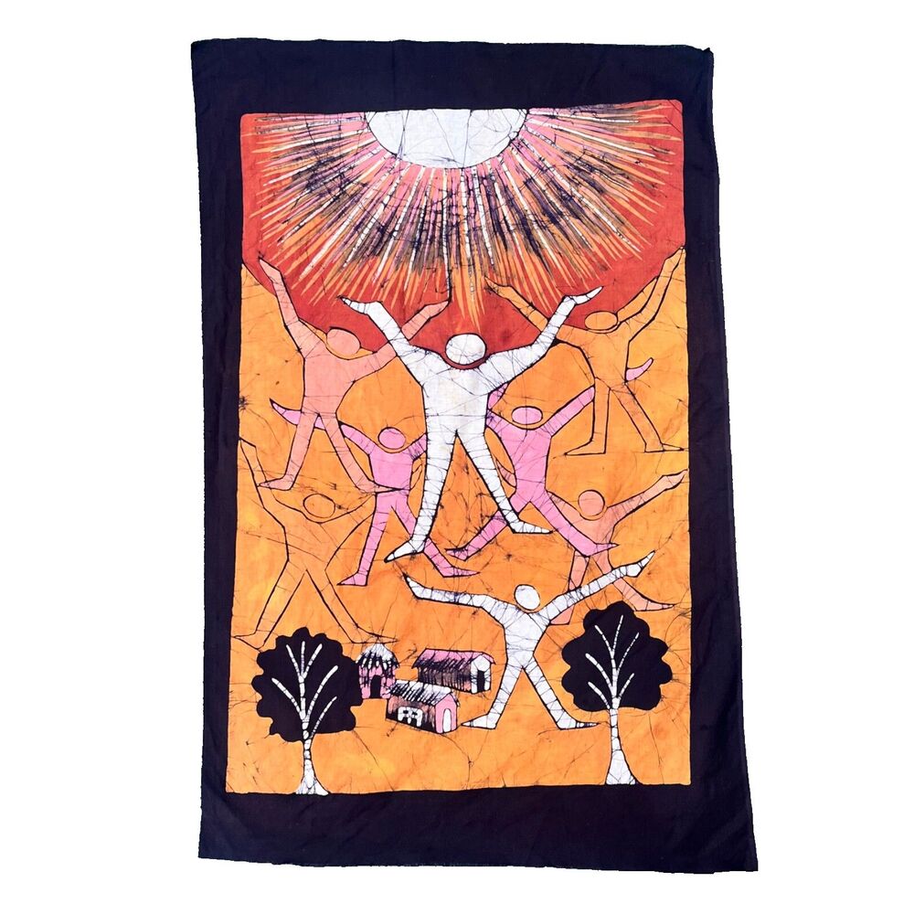 Original Wax Batik Folk Art Wall Hanging Colorful People and Village